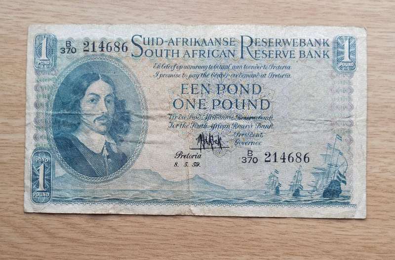 South Africa M.H. de Kock 8.5.59 Old one pound Bank Note. (686)