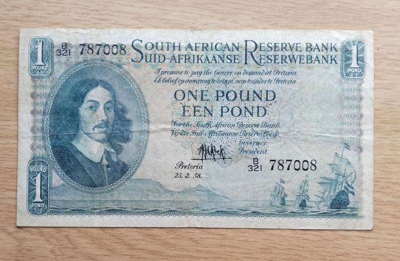 South Africa M.H. de Kock 25.2.58 Old one pound Bank Note. (008)