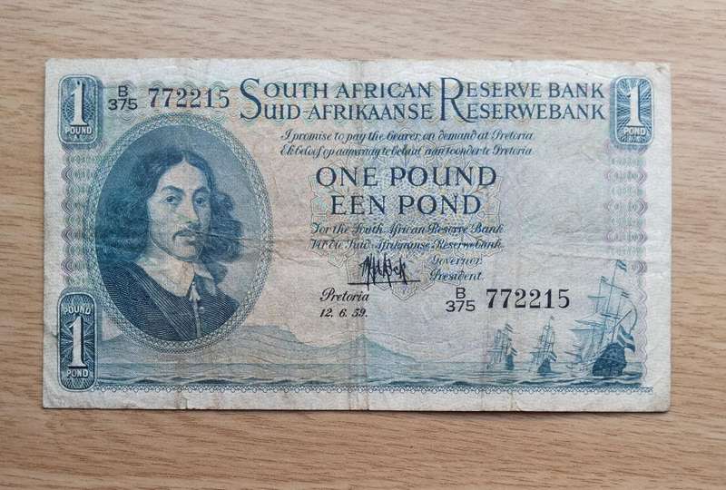 South Africa M.H. de Kock 12.6.59 Old one pound Bank Note. (215)