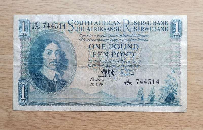 South Africa M.H. de Kock 12.6.59 Old one pound Bank Note. (314)