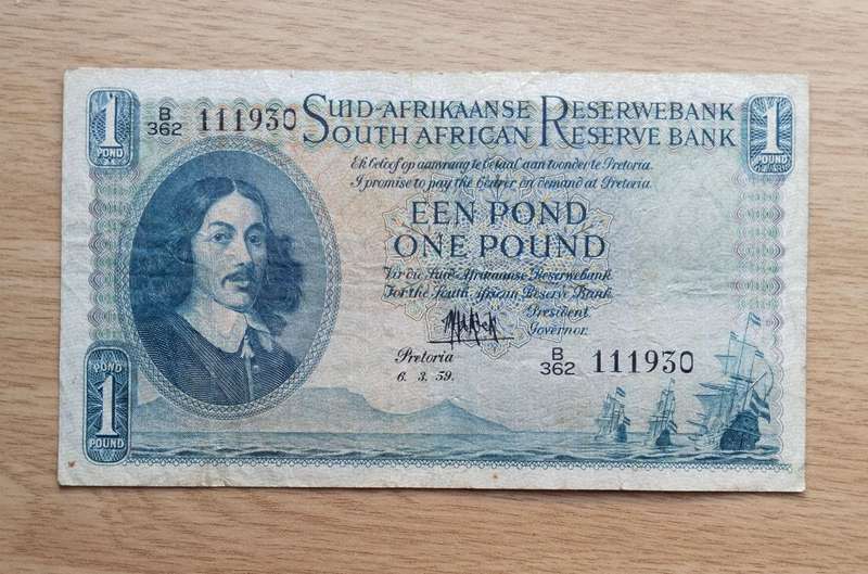 South Africa M.H. de Kock 6.3.59 Old one pound Bank Note. (930)