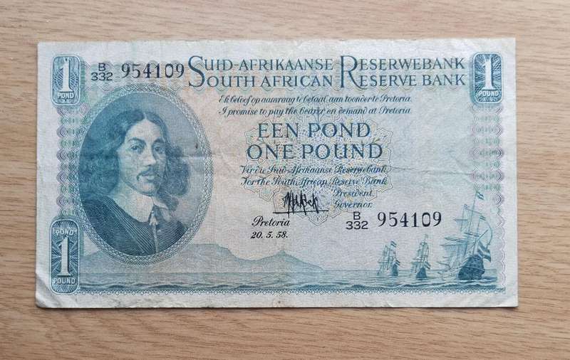 South Africa M.H. de Kock 20.5.58 Old One Pound Bank Note. (109)