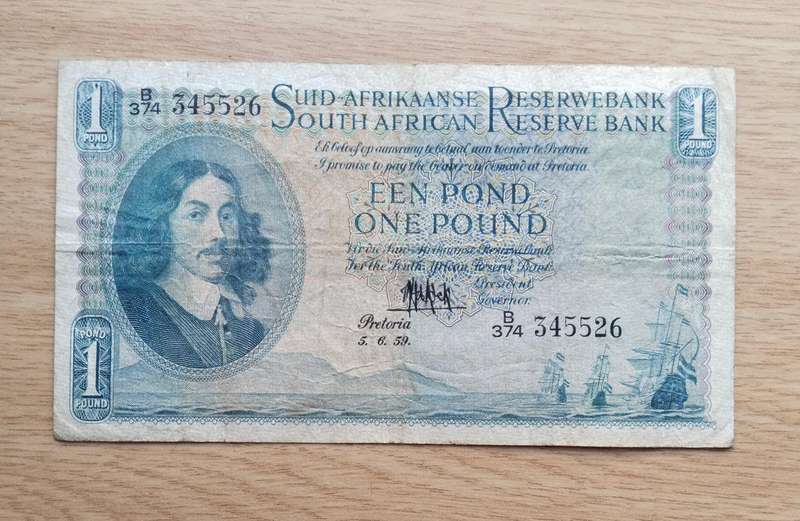 South Africa M.H. de Kock 5.6.59 Old One Pound Bank Note. (526)