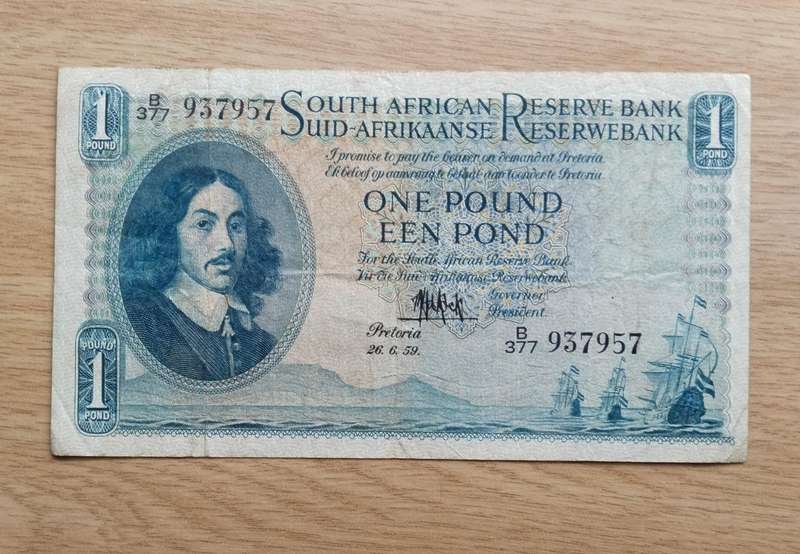 South Africa M.H. de Kock 26.6.59 Old one pound Bank Note. (957)