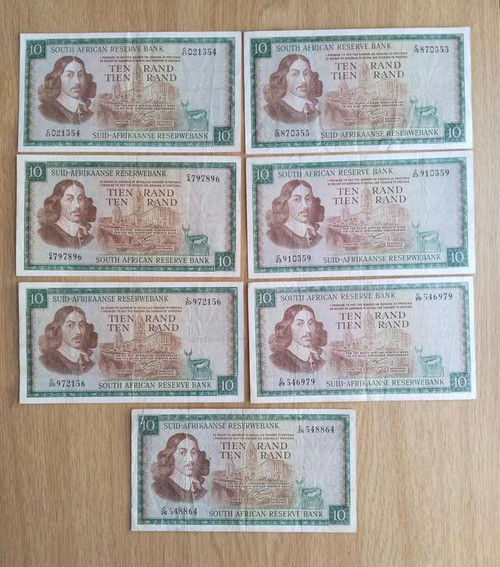 South Africa G Rissik collection of 7 old R10 Bank Notes. One bid takes all.