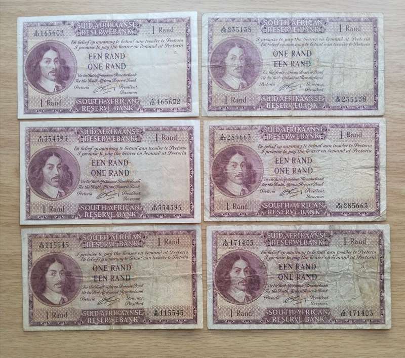 South Africa G Rissik collection of 6 old R1 Bank Notes. One bid takes all.
