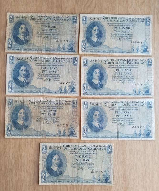 South Africa G Rissik collection of 7 old R2 Bank Notes. One bid takes all.