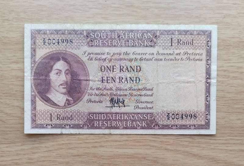 Replacement Z2 South Africa M.H. de Kock old R1 Bank Note. Rare note. Low serial number.