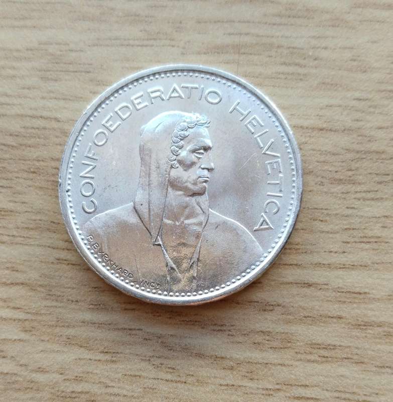 Helvetica Switzerland 1966 (B) UNC/AUNC Silver 5 Frank. 83.5% Silver. 15 Grams.