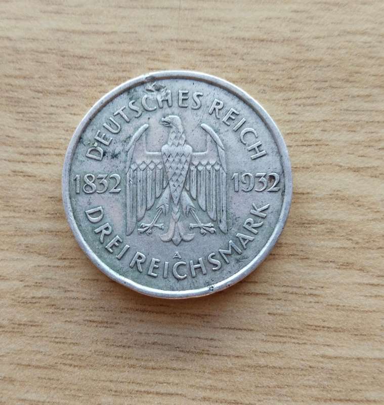 German 1832-1932 Silver Drei Reichsmark. 15 Grams 50% Silver.