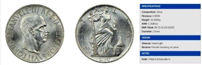 Italy 1936 Silver 10 Lira. 83.5% Silver. 10 grams.