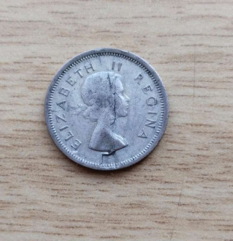 Error South Africa 1957 Silver Sixpence.