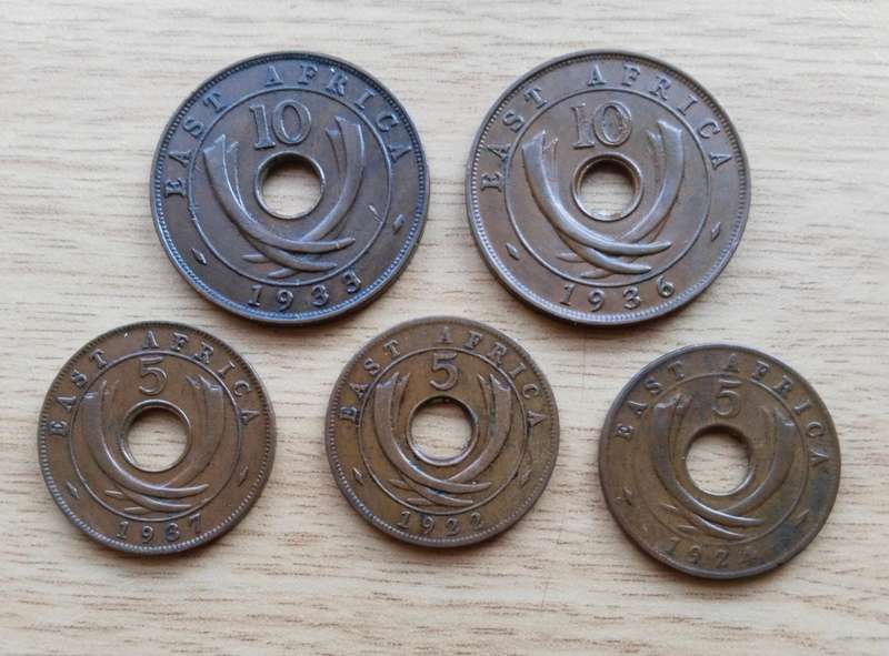 East Africa collection of 5 old coins.
