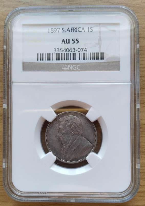 ZAR Paul Kruger 1897 NGC AU55 Silver Shilling.