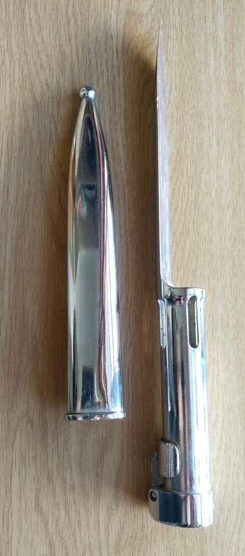 SANDF Silver Colour Old R1 Rifle Bayonet With Scabbard. No. 266095