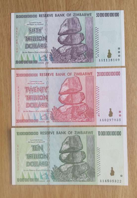 Zimbabwe Collection of 3 High Denomination Bank Notes. Great Condition.