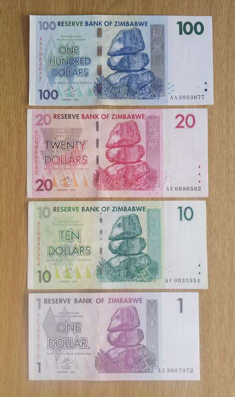 Zimbabwe 100, 20, 10 And 1 Dollar Bank Notes. Great Condition.