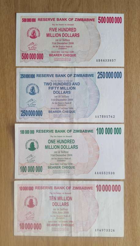Zimbabwe Collection of 4 High Denomination Bank Notes.