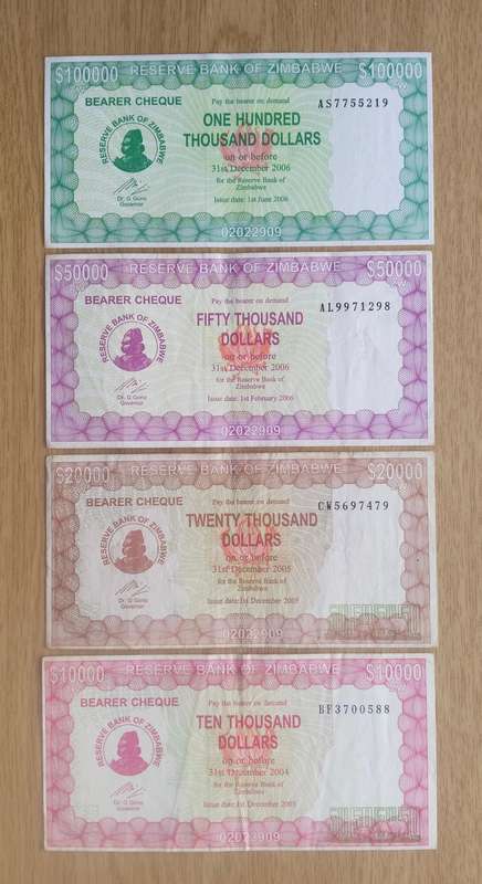 Zimbabwe Collection of 4 High Denomination Bank Notes.