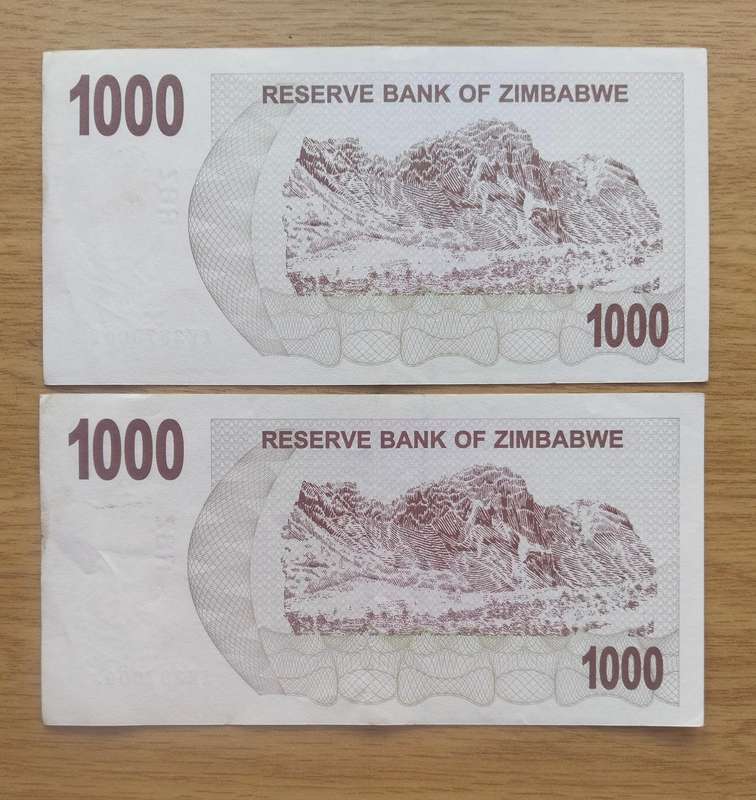 Zimbabwe 2 Consecutive number 1000 Dollar Bearer Cheque Bank Notes. (002-003)