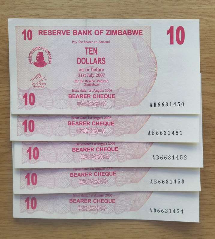 Zimbabwe Collection of 5 Consecutive number Ten Dollar Bank Notes. (450-454)
