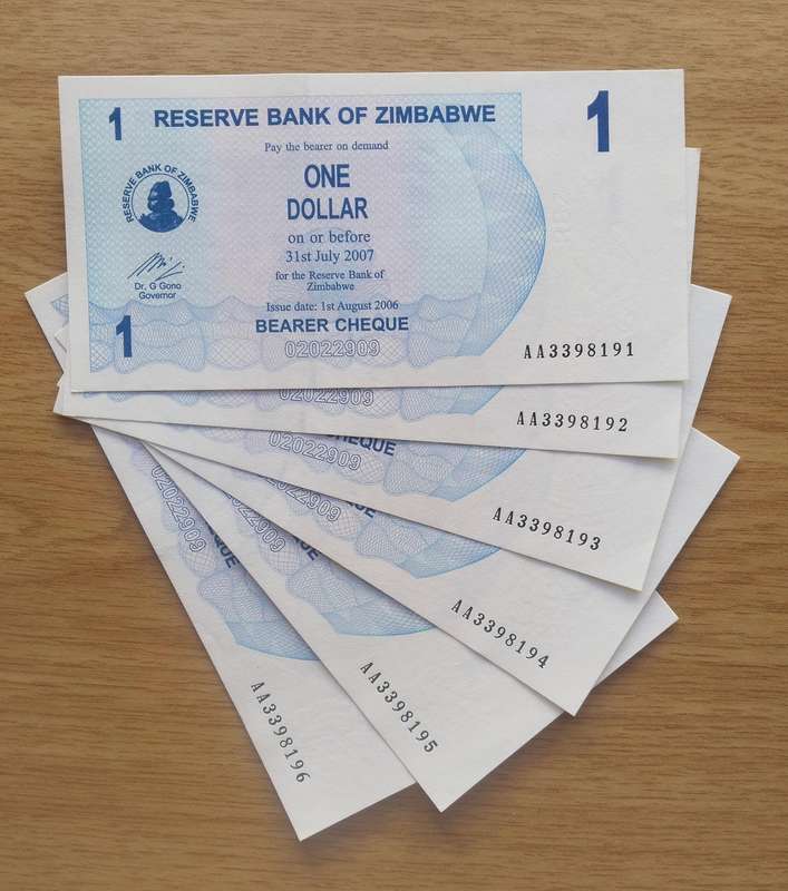 Zimbabwe Collection of 6 consecutive number One Dollar Bank Notes. (191-196)
