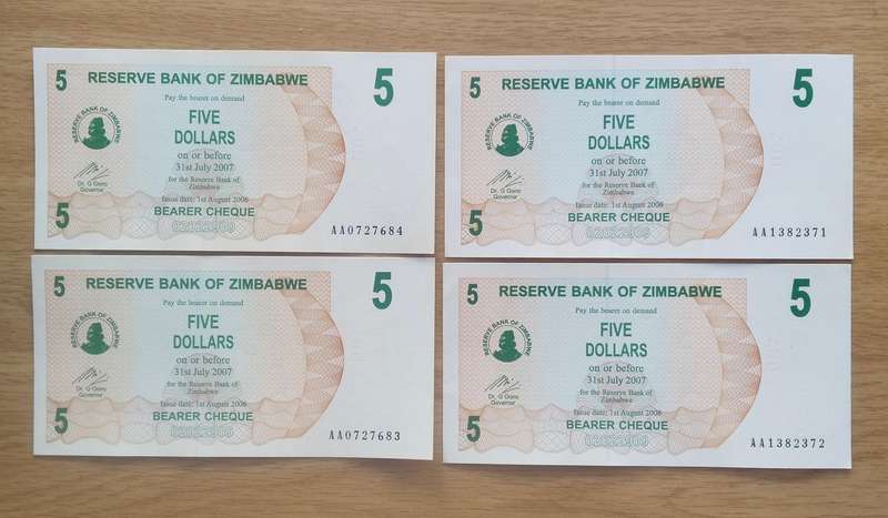 Zimbabwe Collection of 2 Sets Consecutive number 5 Dollar Bank Notes.