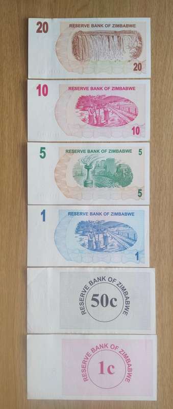 Zimbabwe Collection of 6 different denomination Bearer Cheques bank notes.
