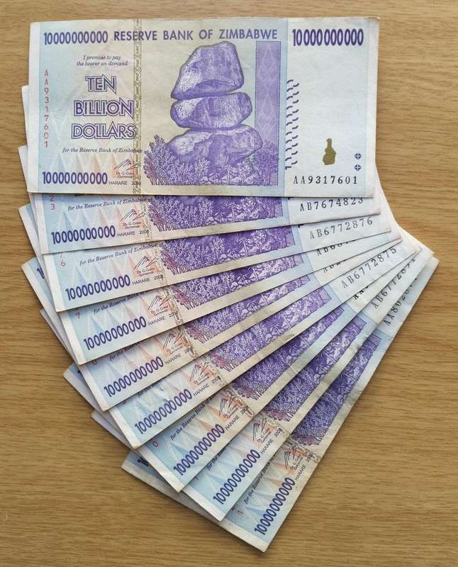 Zimbabwe Collection of 9 X Ten Billion Dollars Bank Notes. One bid takes all.