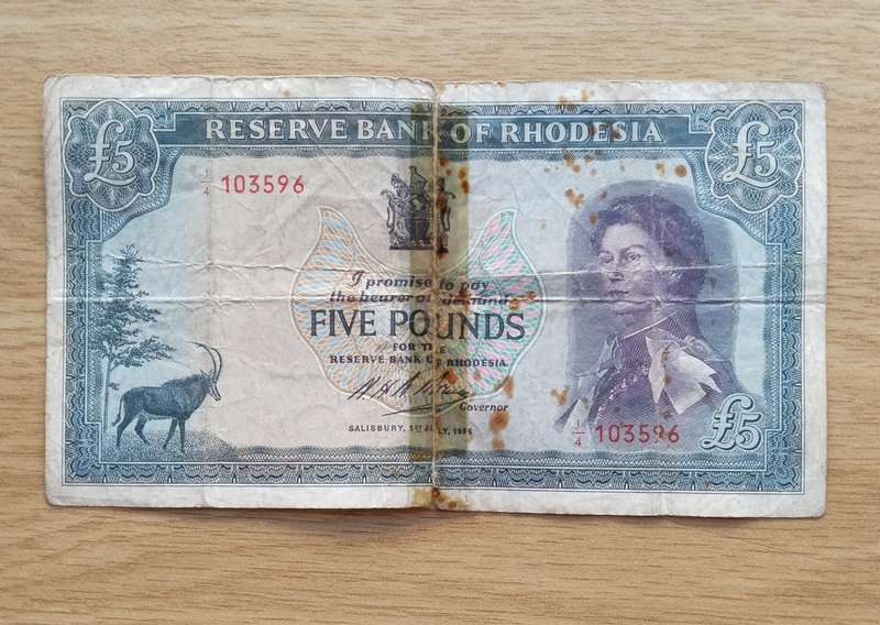 Rhodesia 1st July 1966 Five Pounds Bank Note.