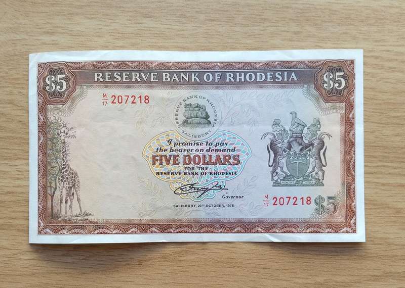 Rhodesia 20th October 1978 Five Dollar Bank Note.