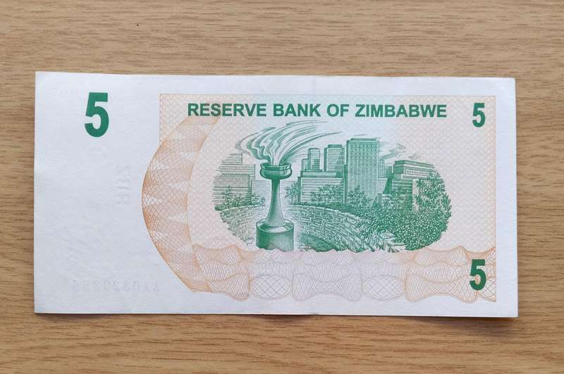 Zimbabwe 1st August 2006  Five Dollar Bearer Cheque Bank Note. Good condition. (AA356)