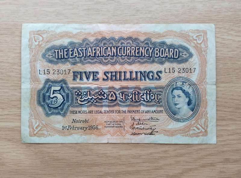 East Africa Currency Board Nairobi 1st February 1956 Five Shillings Bank Note.