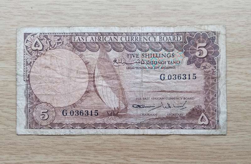 East Africa Currency Board five Shillings Bank Note.