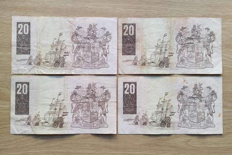 South Africa CL Stals Collection of 4 old R20 Bank Notes. One bid takes all.