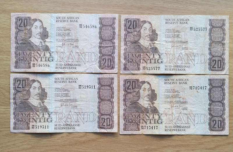 South Africa CL Stals Collection of 4 old R20 Bank Notes. One bid takes all.