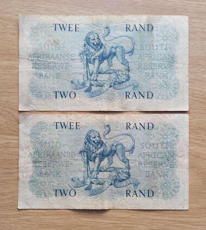 South Africa M.H. de Kock collection of 2 old R2 Bank Notes. One bid takes all.