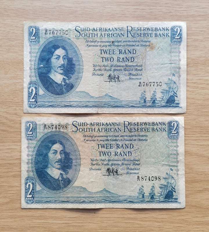 South Africa M.H. de Kock collection of 2 old R2 Bank Notes. One bid takes all.