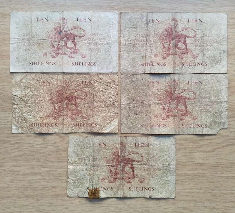 South Africa M.H. de Kock collection of 5 Ten Shillings Bank Notes. One bid takes all.