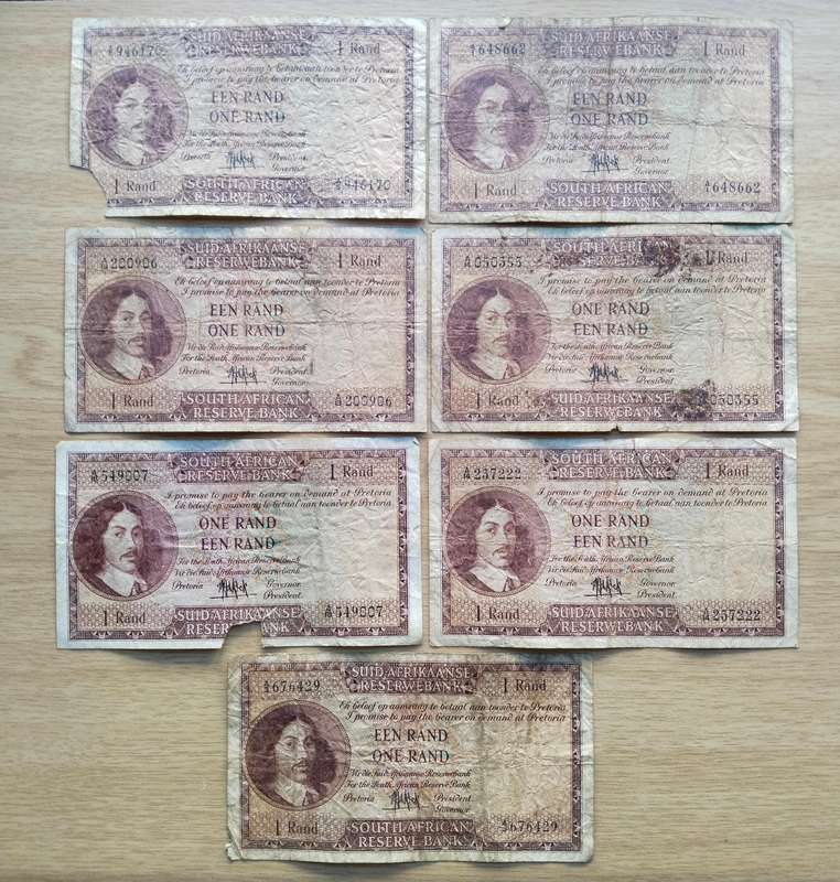 South Africa M.H. de Kock collection of 7 old R1 Bank Notes. One bid takes all.