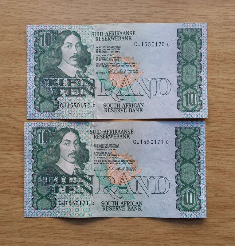 South Africa CL Stals 2 consecutive number R10 Bank Notes. (070-071)