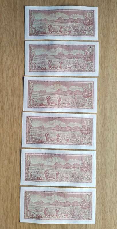 South Africa de Jongh 6 consecutive number R2 Bank Notes. (613-618)