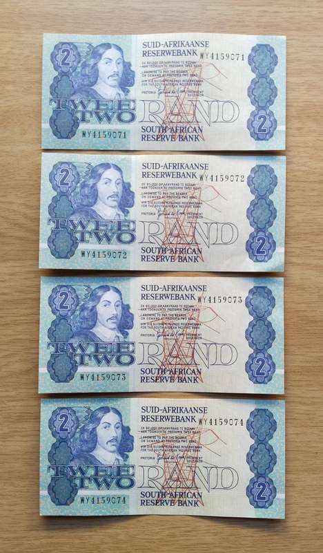Replacement South Africa de Kock 4 Consecutive number R2 Bank Notes. (WY071-WY074)