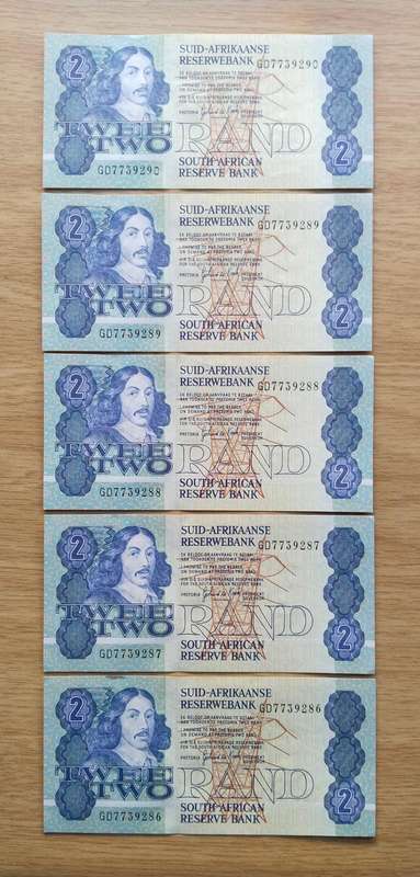 South Africa de Kock 5 Consecutive number R2 Bank Notes. (286-290)