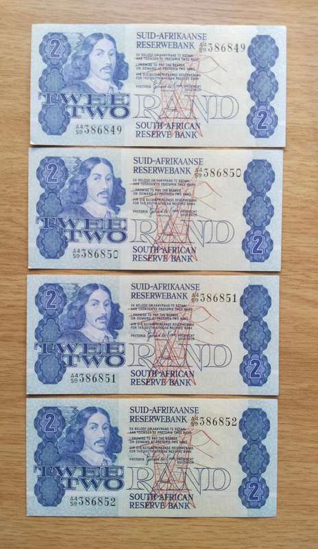 South Africa de Kock 4 Consecutive number R2 Bank Notes. (849-852)