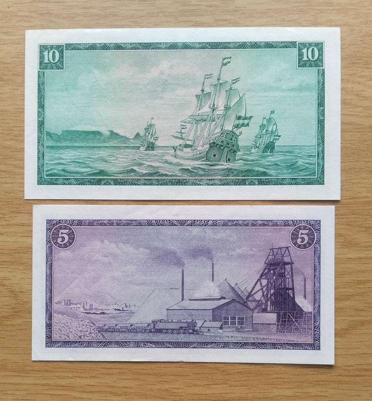 South Africa de Jongh Old R10 and R5 Bank Notes. Great Condition.