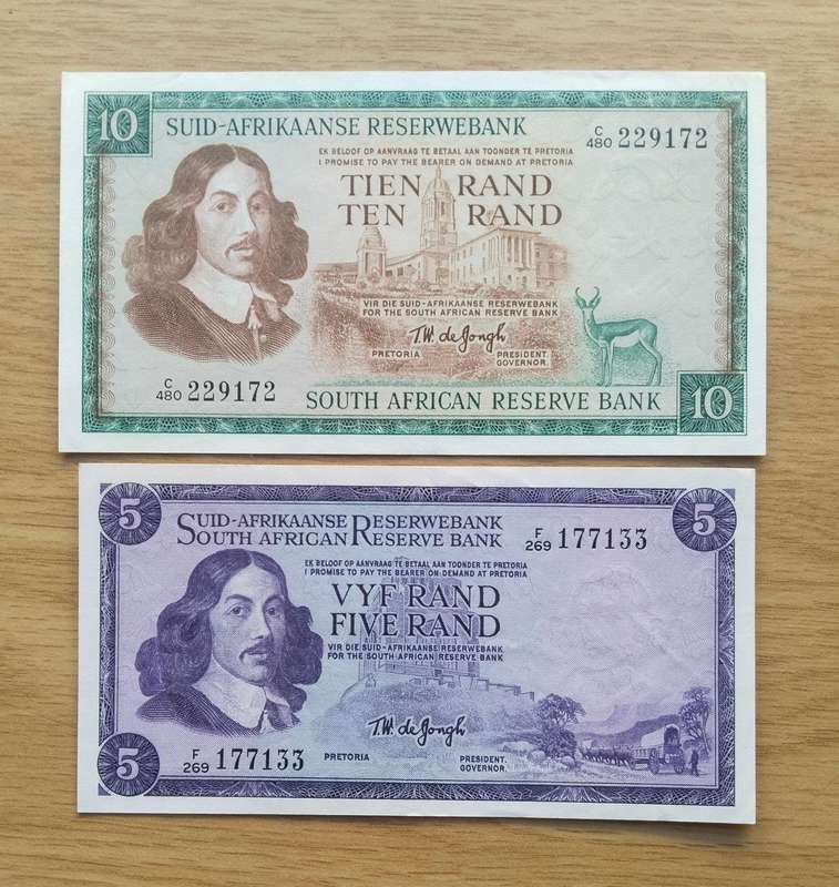 South Africa de Jongh Old R10 and R5 Bank Notes. Great Condition.
