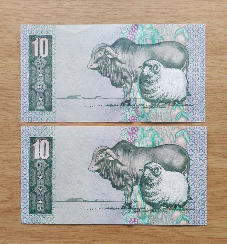 South Africa CL Stals 2 consecutive number R10 Bank Notes. (652-653)