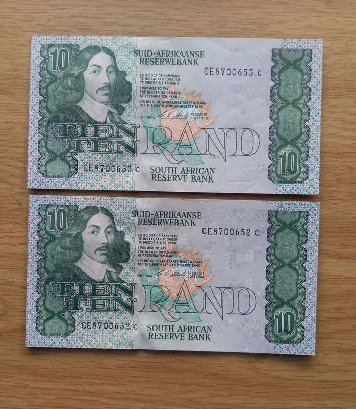 South Africa CL Stals 2 consecutive number R10 Bank Notes. (652-653)