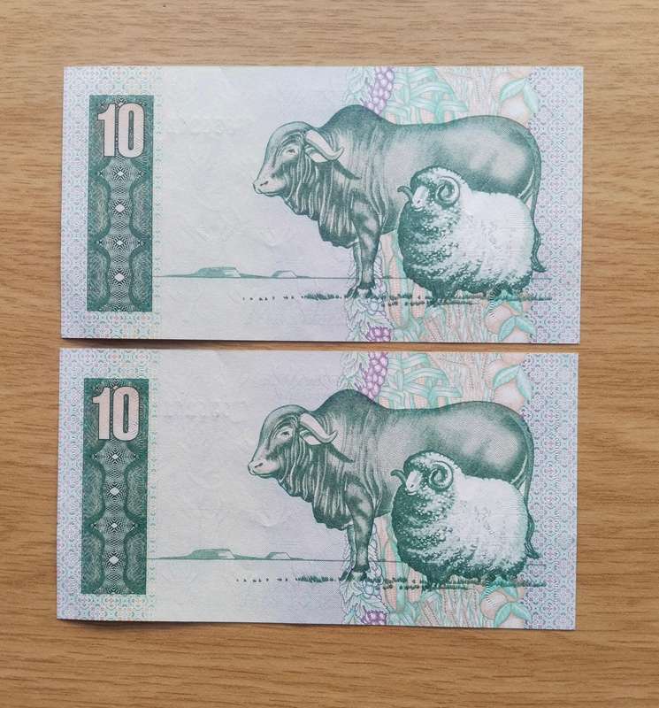 South Africa de Kock 2 consecutive number R10 Bank Notes. (261-262)